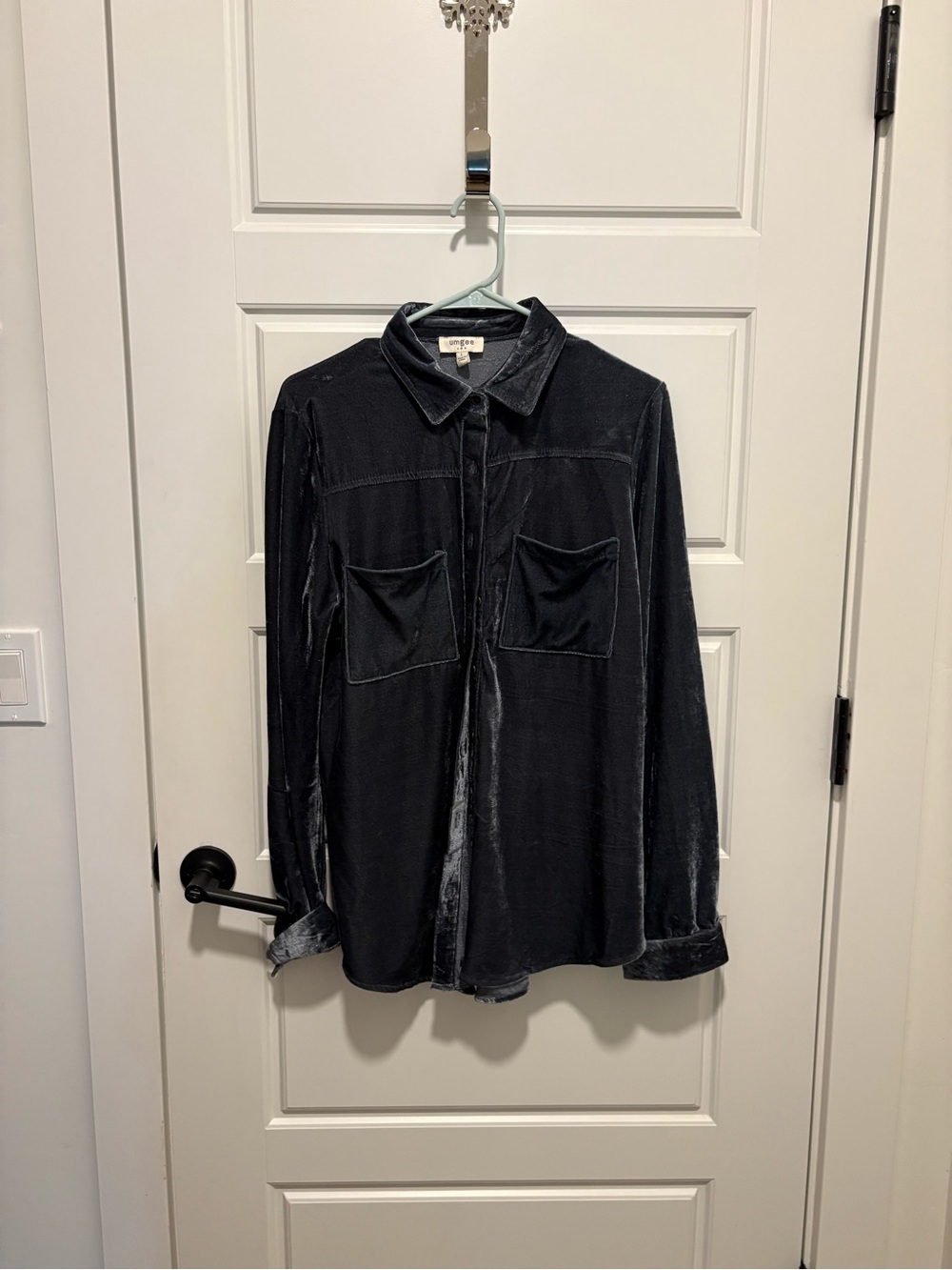Umgee Slate Blue Velvet Button-Up Blouse